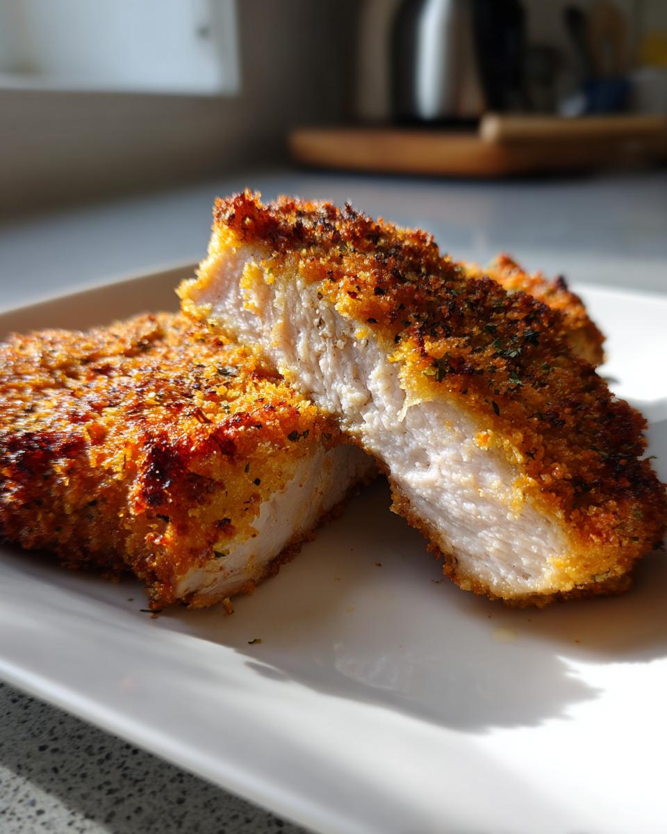 Cross-section view of two juicy parmesan baked pork chops showing the perfectly cooked white meat and crispy golden crust.