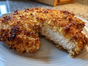 Close-up of a juicy parmesan baked pork chop cut in half showing the crispy golden crust and tender white interior.
