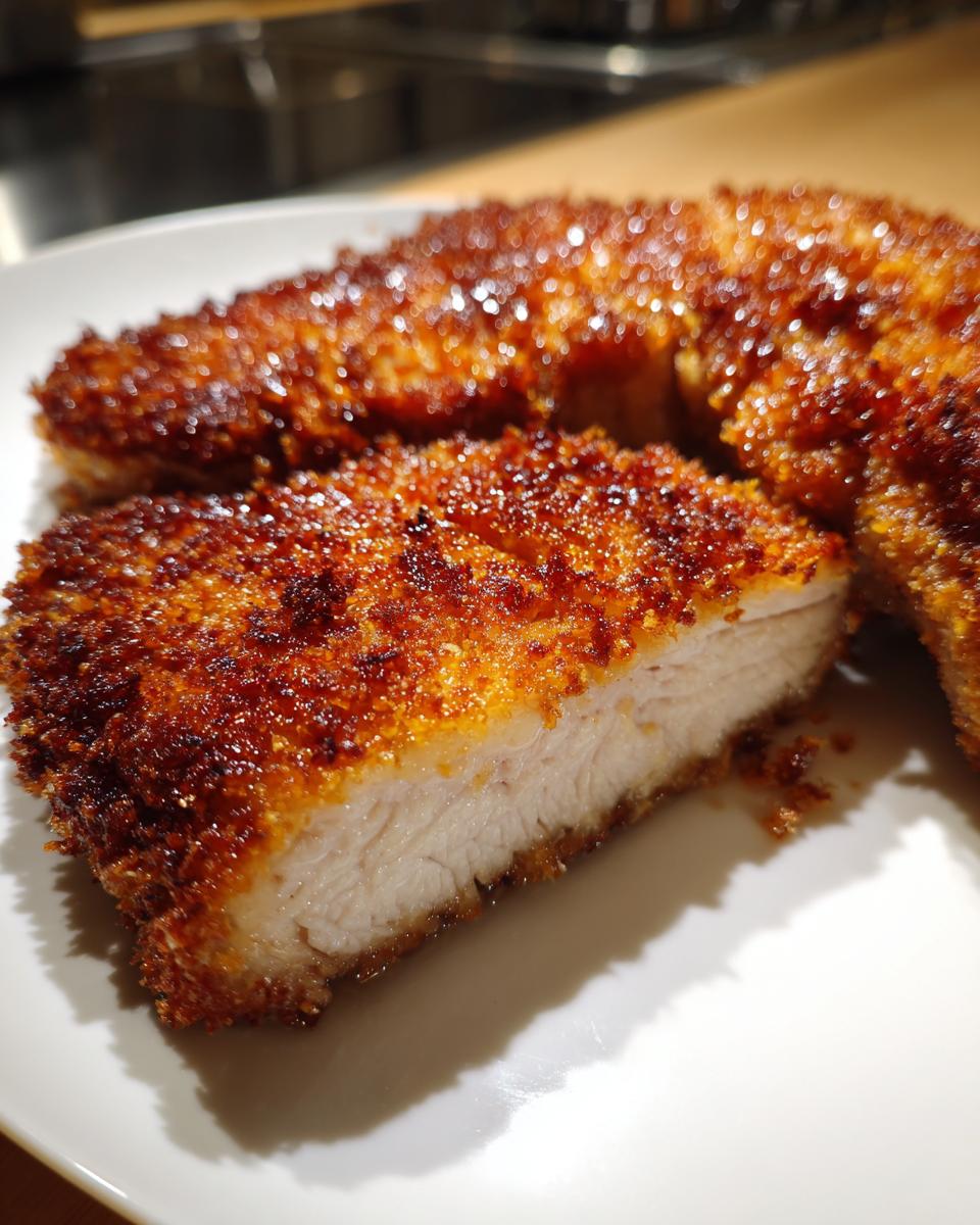 Close-up of a perfectly cooked parmesan baked pork chop, showing the juicy white interior and crispy, golden-brown crust.