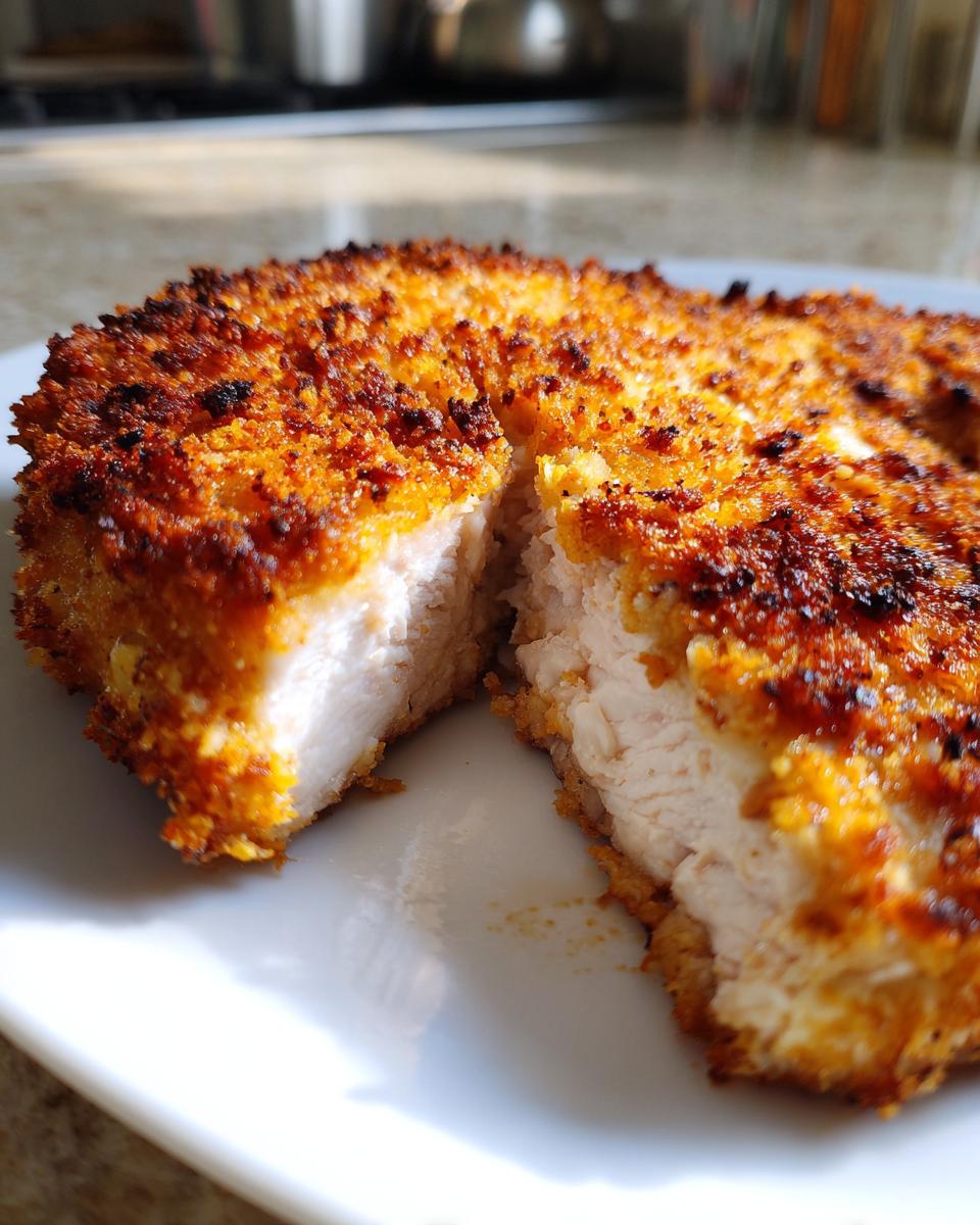 Close-up of perfectly cooked parmesan baked pork chops, cut in half showing juicy white meat and a golden, crispy crust.