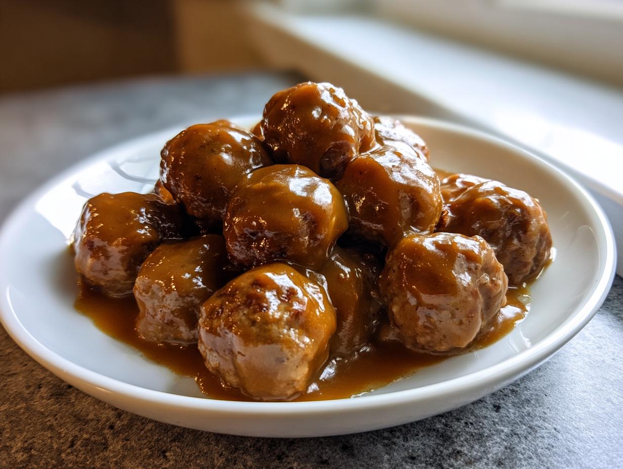 Close-up of meatballs generously coated in rich, brown swedish meatballs sauce on a white plate.