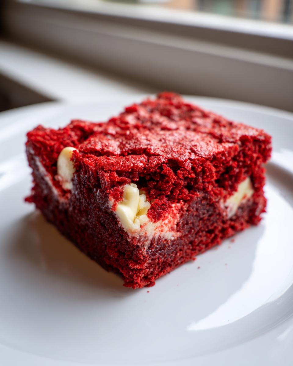 A close-up of a rich, vibrant red velvet cake mix cookie bars square with visible white chocolate chips on a white plate.