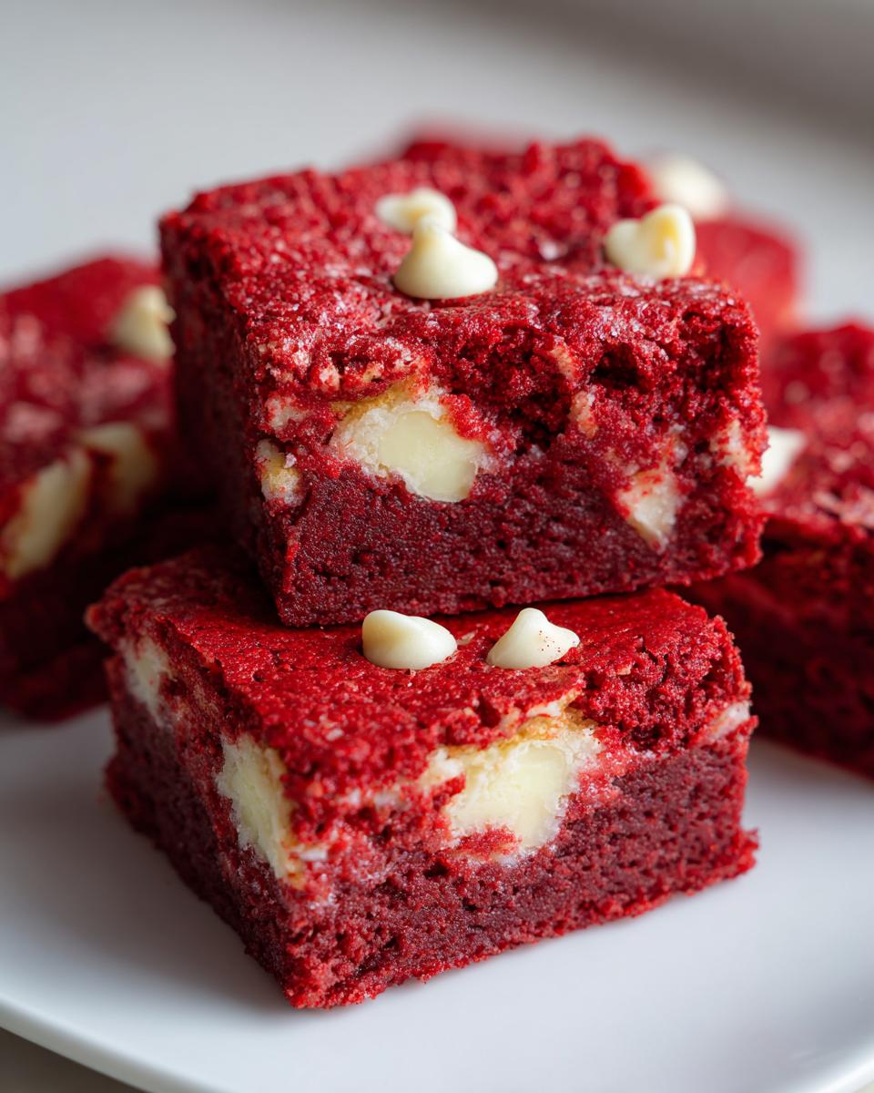 Two stacked, rich red velvet cake mix cookie bars studded with white chocolate chips on a white plate.