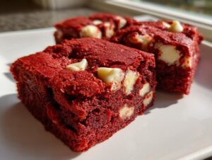 Three rich, bright red velvet cake mix cookie bars studded with white chocolate chips, served on a white plate.