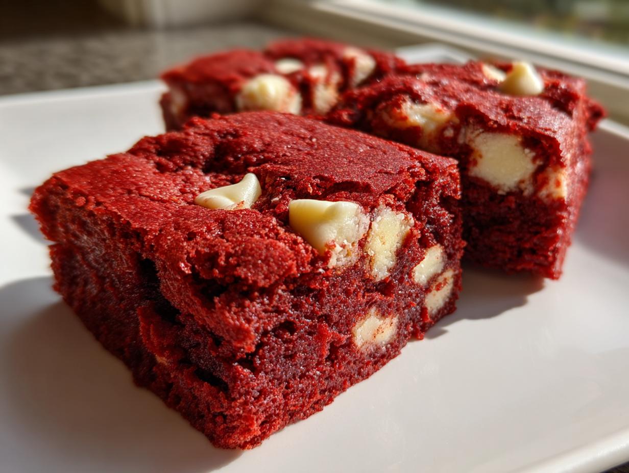 Three rich, bright red velvet cake mix cookie bars studded with white chocolate chips, served on a white plate.