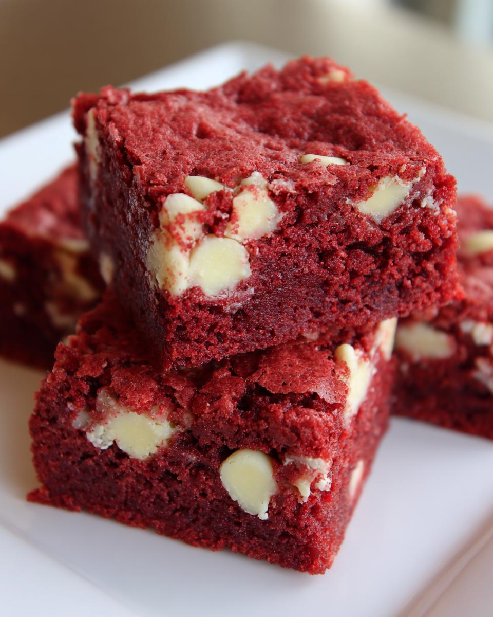 Close-up of stacked, fudgy red velvet cake mix cookie bars studded with white chocolate chips on a white plate.