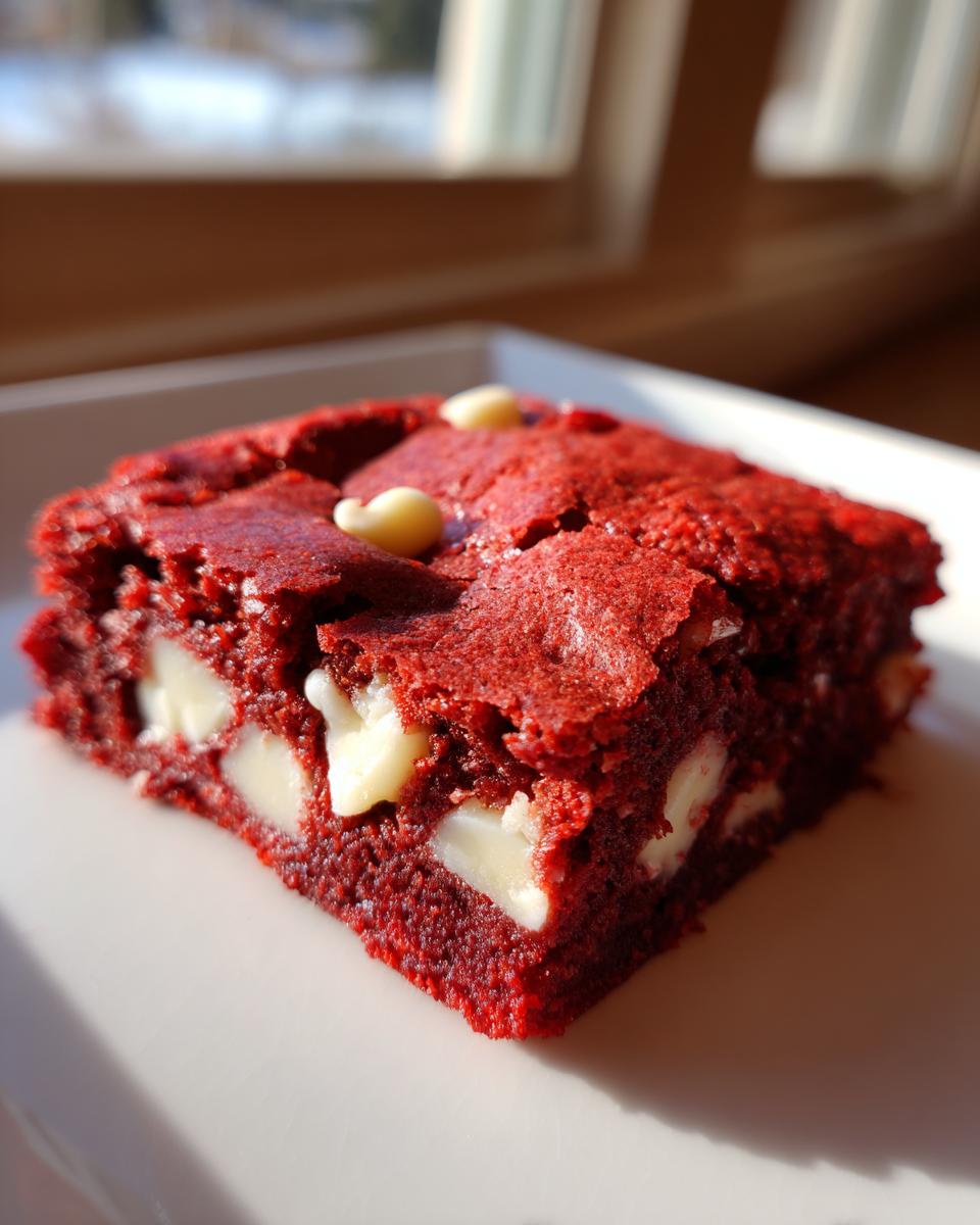 A single, rich red velvet cake mix cookie bars square studded with white chocolate chips, sitting on a white plate.