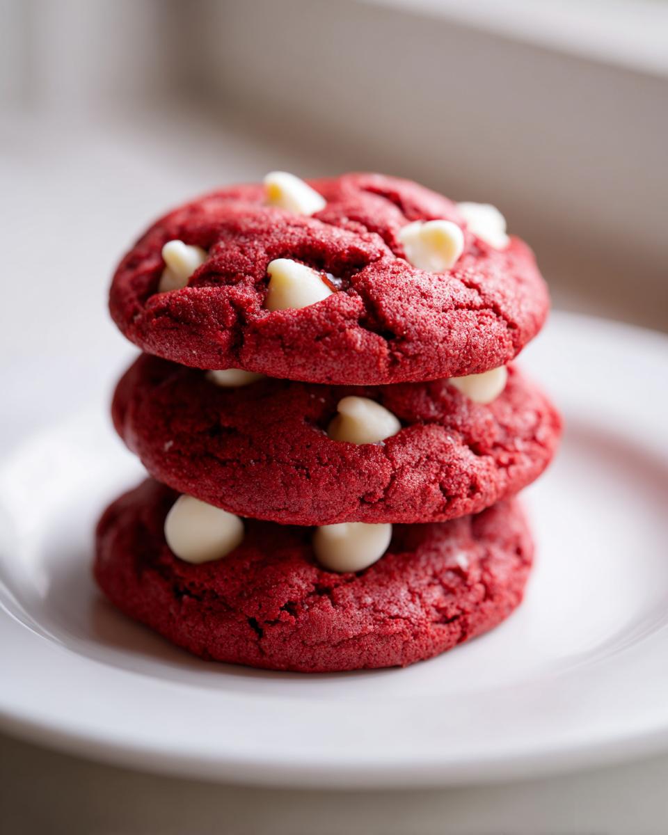 A stack of three vibrant red velvet cake mix cookies with white chocolate chips resting on a white plate.
