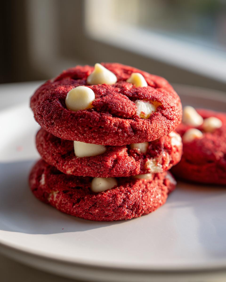 A stack of three vibrant red velvet cake mix cookies with white chocolate chips on a white plate.