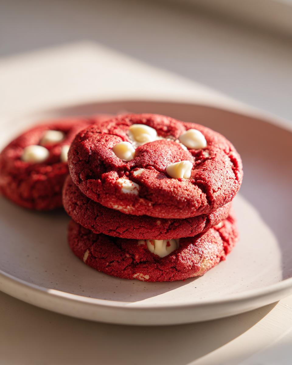 A stack of three vibrant red velvet cake mix cookies with white chocolate chips on a light plate.