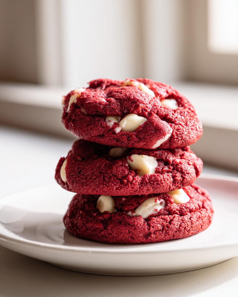 A stack of three vibrant red velvet cake mix cookies with visible white chocolate chips, sitting on a white plate.