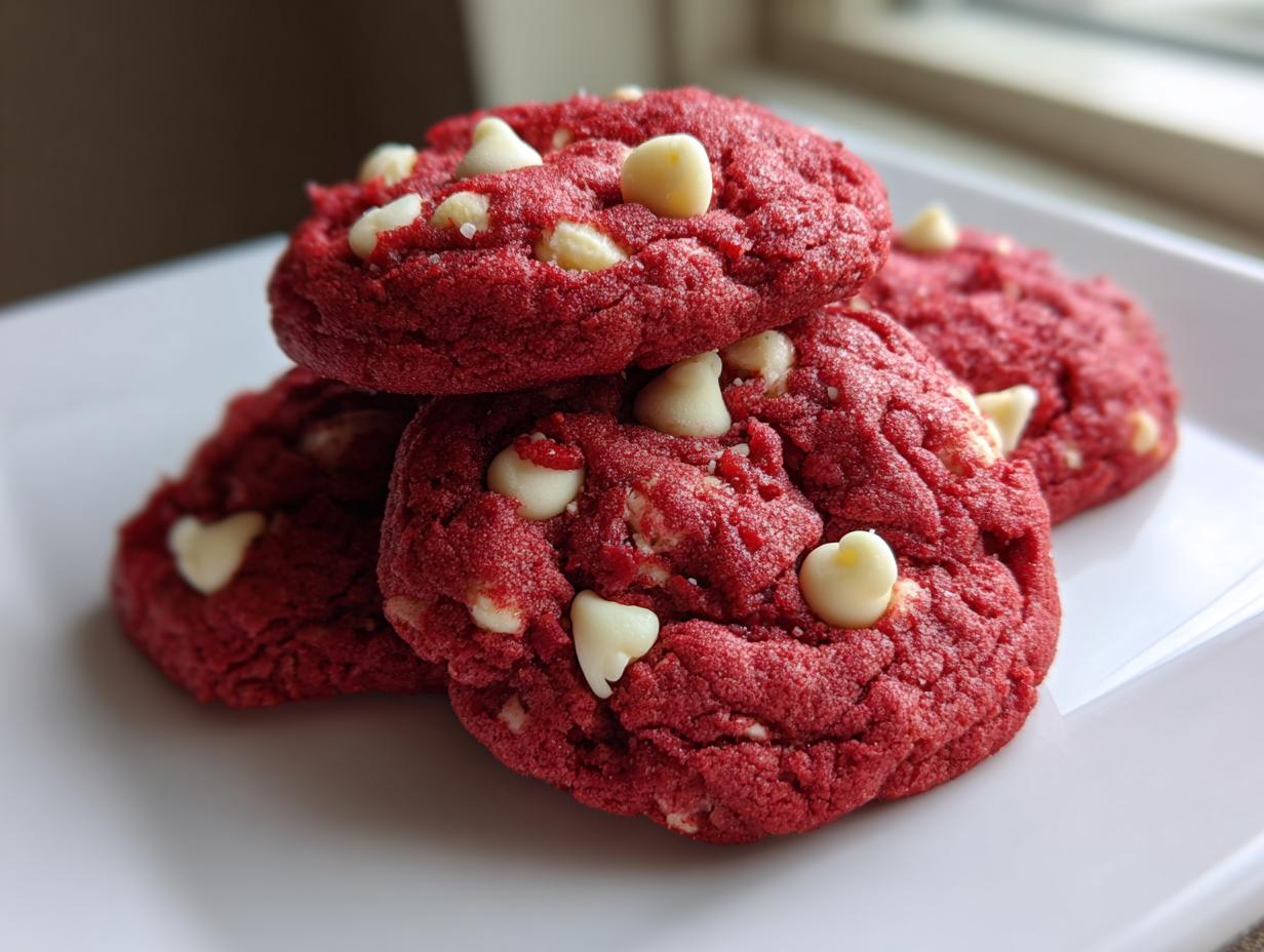A close-up stack of vibrant red velvet cake mix cookies with white chocolate chips resting on a white plate.