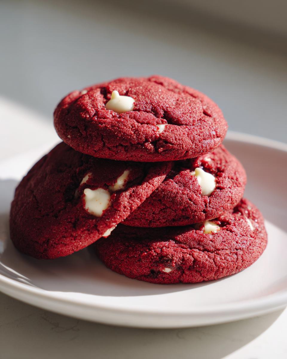 A stack of four vibrant red velvet cake mix cookies dotted with white chocolate chips on a white plate.