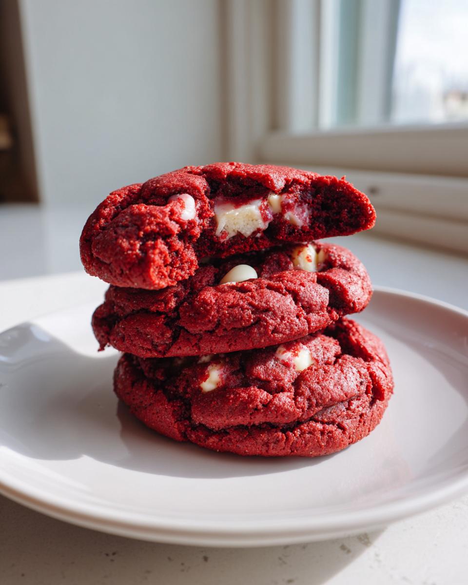 A stack of three vibrant red velvet cake mix cookies, one broken open to show white chocolate chips inside.