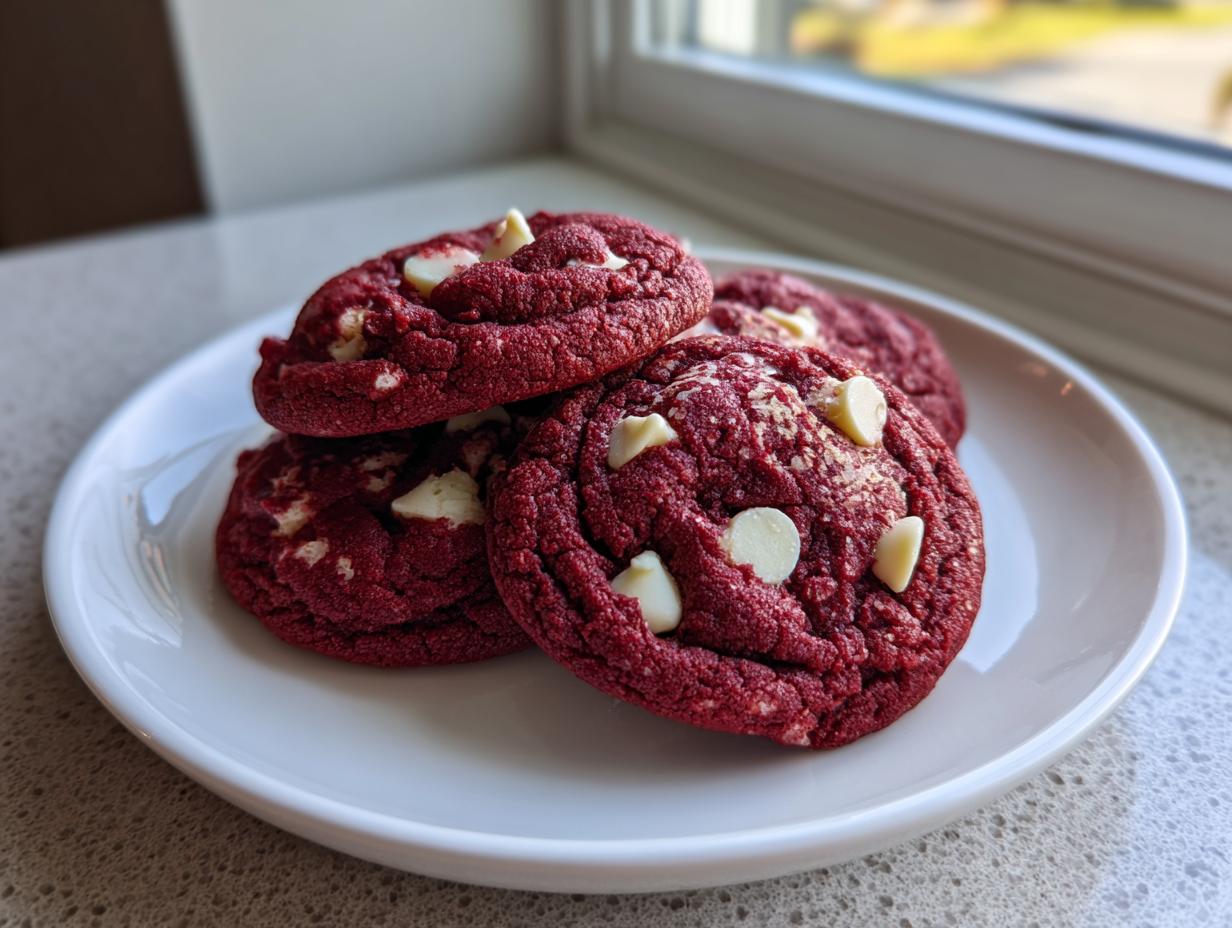 A stack of four vibrant red velvet cake mix cookies studded with white chocolate chips, resting on a white plate.