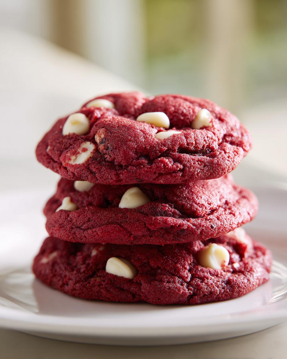 A stack of three vibrant red velvet cake mix cookies with visible white chocolate chips on a white plate.