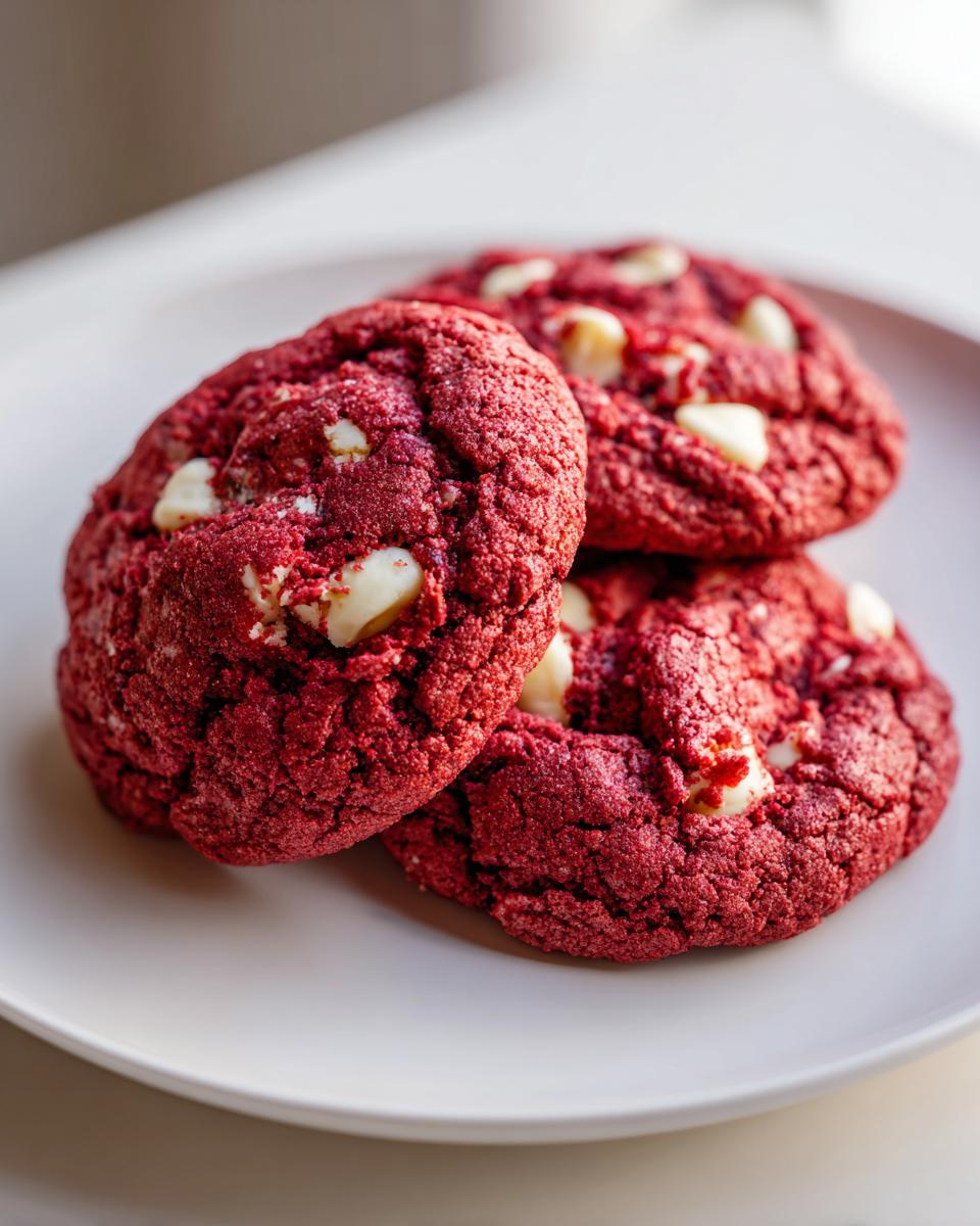 Close-up of three rich, vibrant red velvet cake mix cookies studded with white chocolate chips on a white plate.