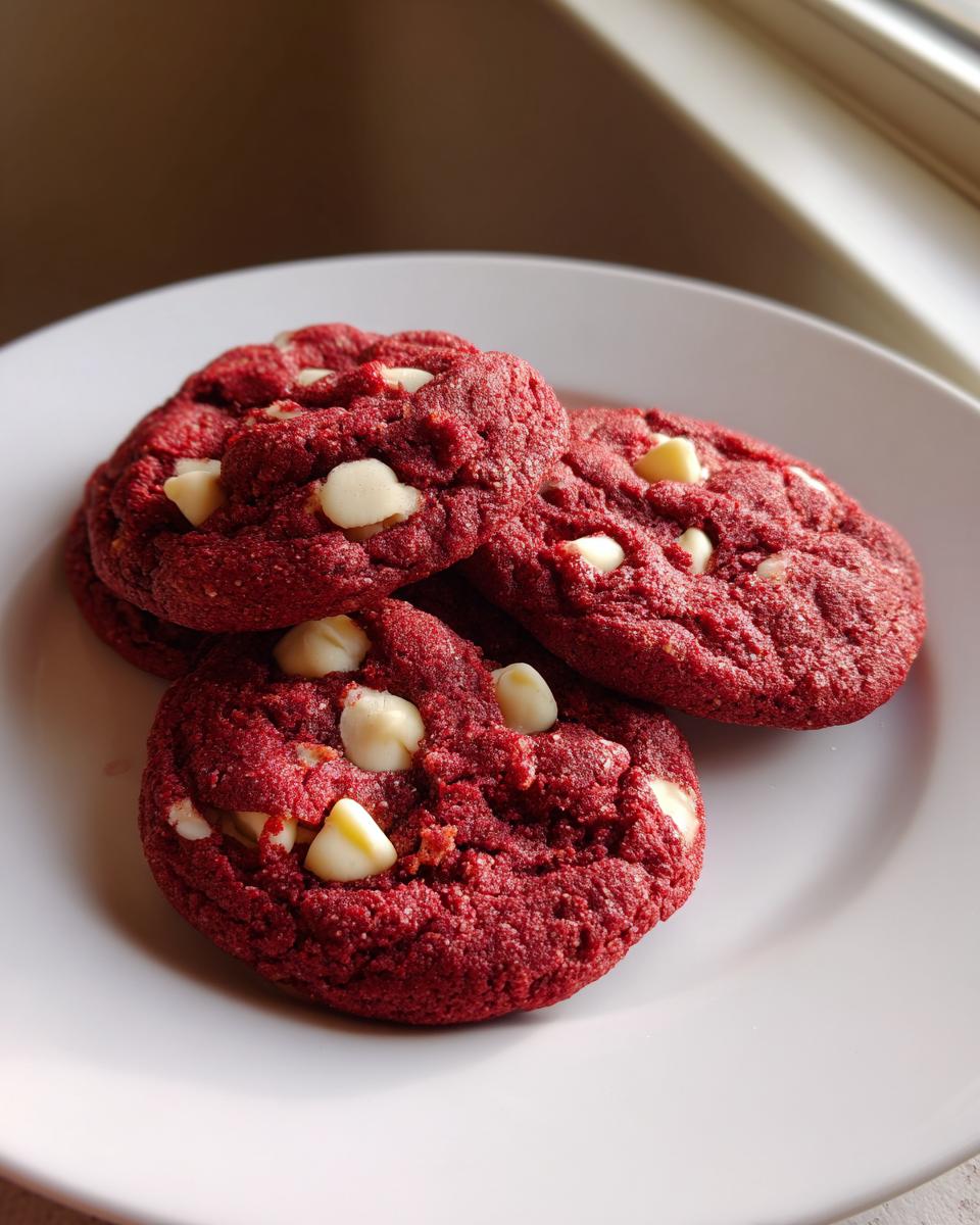 A close-up of three vibrant red velvet cake mix cookies with white chocolate chips resting on a white plate.