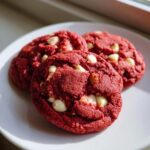 Three vibrant red velvet cake mix cookies with white chocolate chips resting on a white plate.