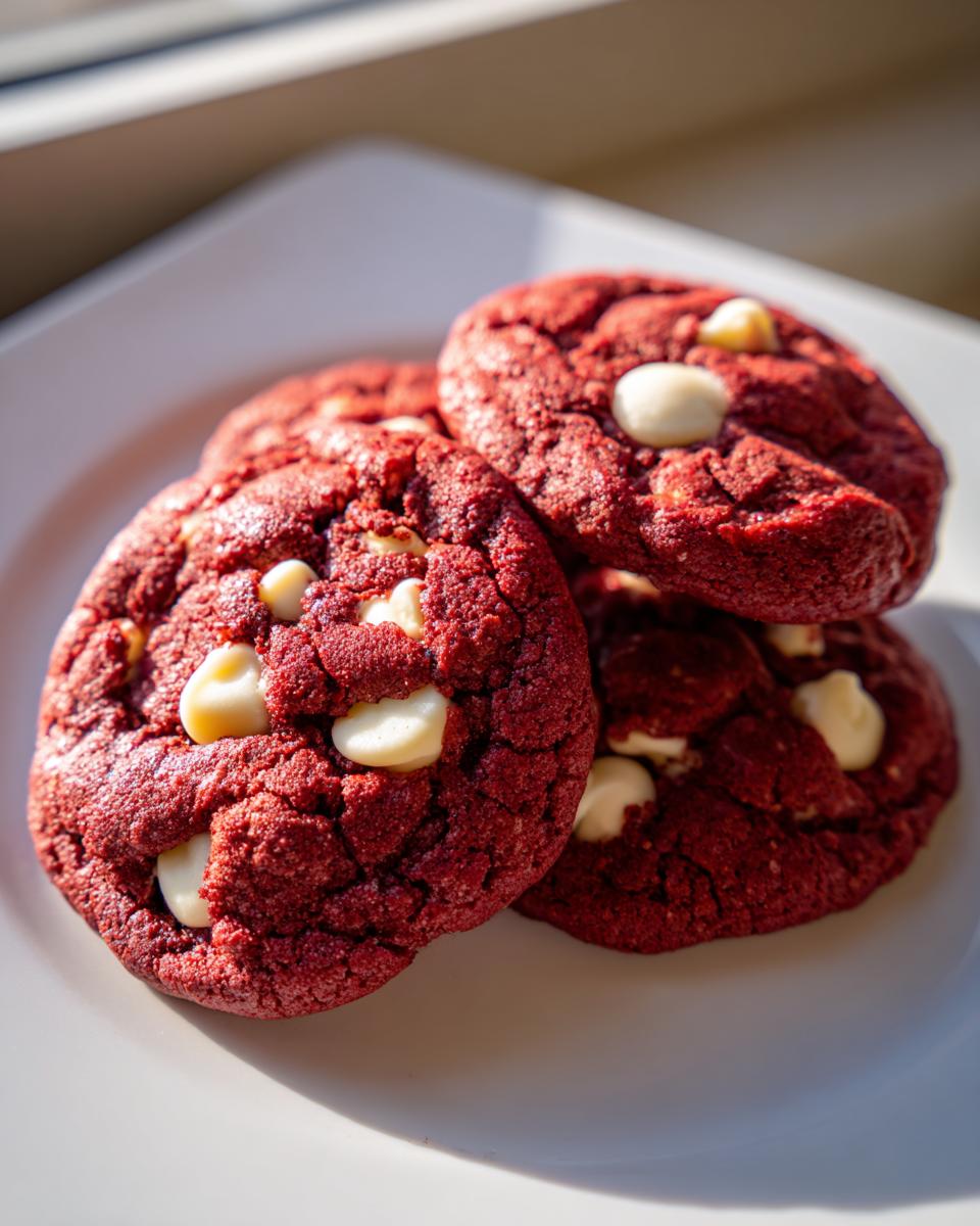 A stack of four rich, red velvet cake mix cookies with visible white chocolate chips resting on a white plate.