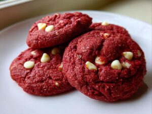 A stack of vibrant red velvet cake mix cookies with visible white chocolate chips resting on a white plate.