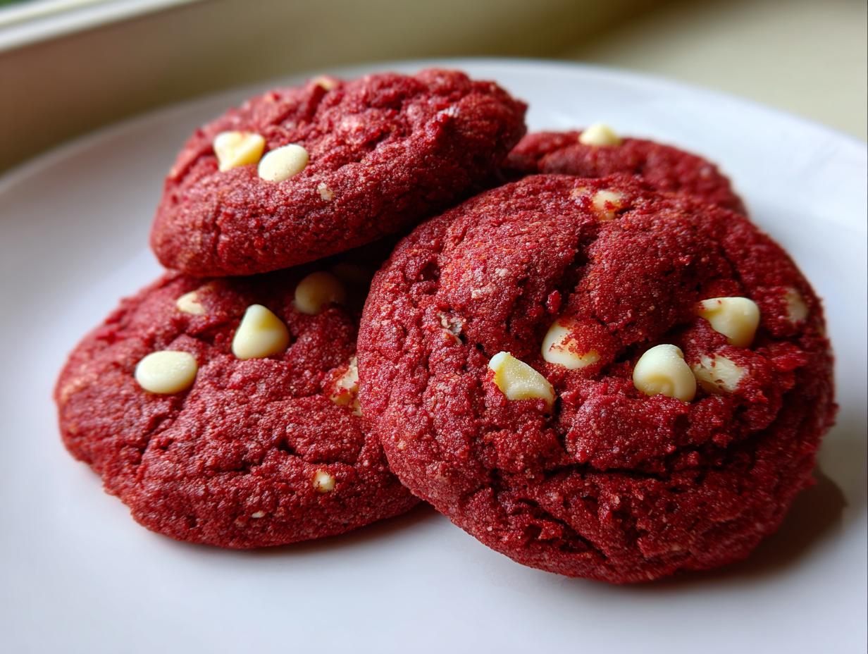 A stack of vibrant red velvet cake mix cookies with visible white chocolate chips resting on a white plate.