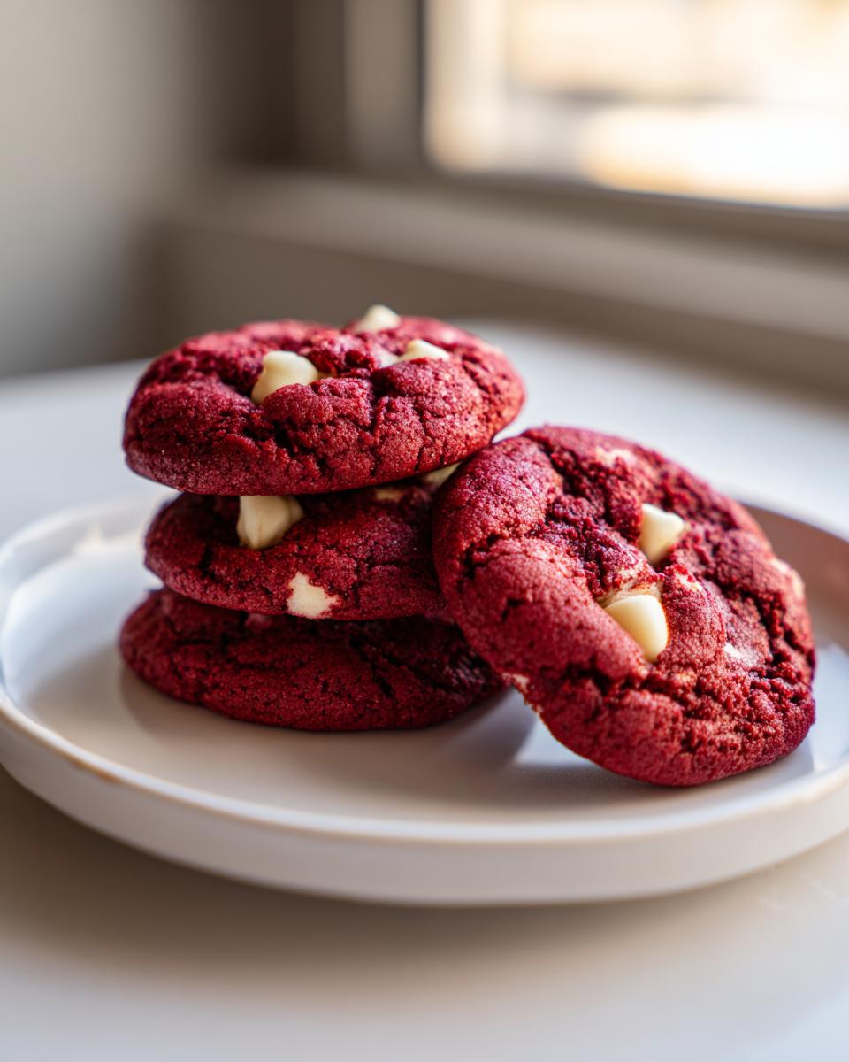 A stack of four vibrant red velvet cake mix cookies studded with white chocolate chips, resting on a light plate.