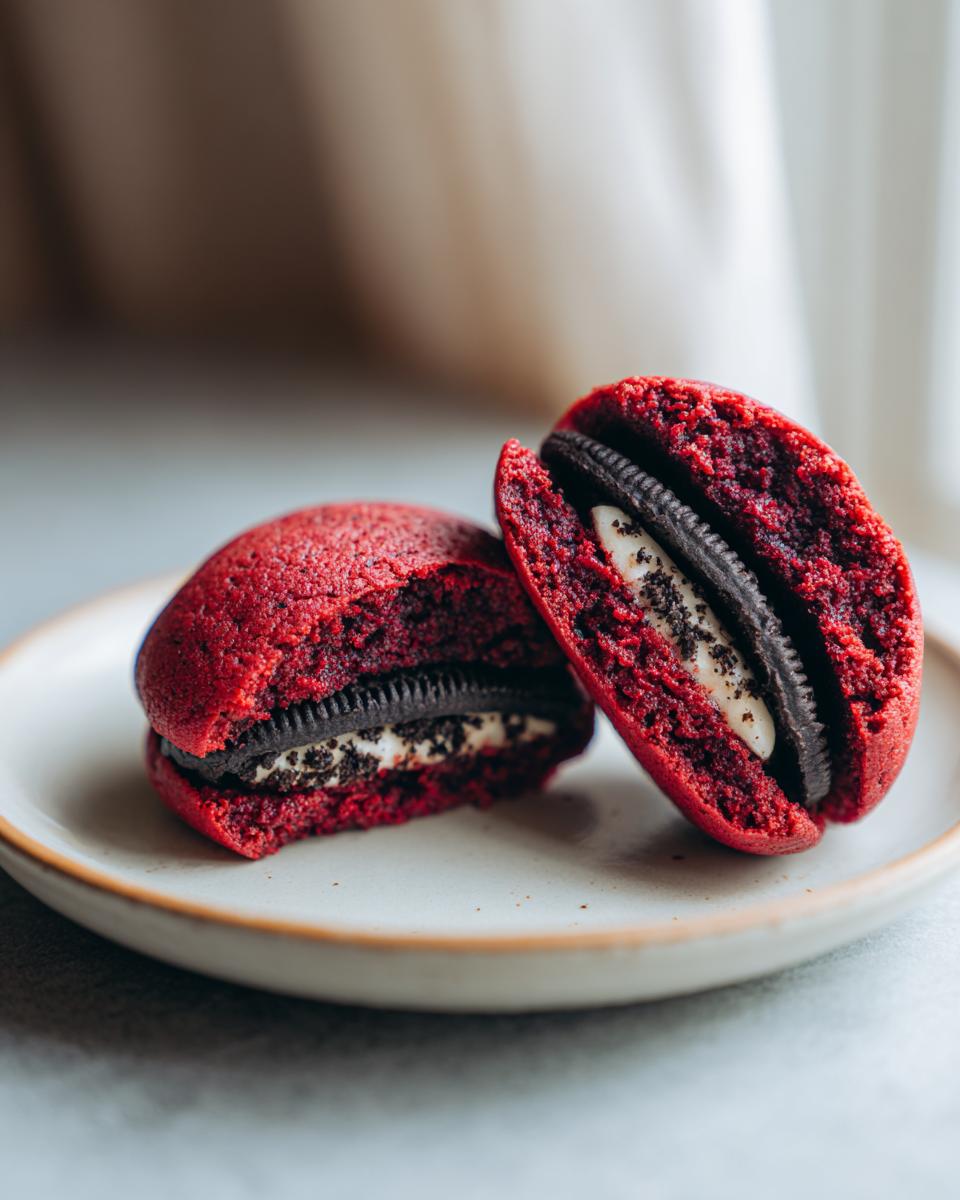Two red velvet cake mix cookies with Oreos sandwiched inside, one is cut in half showing the filling.