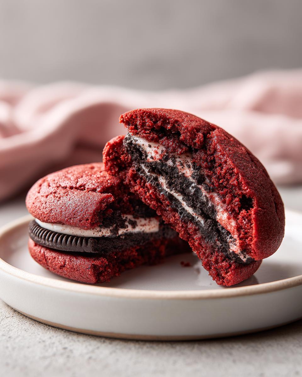 Close-up of red velvet cake mix cookies with Oreos filling, one cookie broken open to show the layers.
