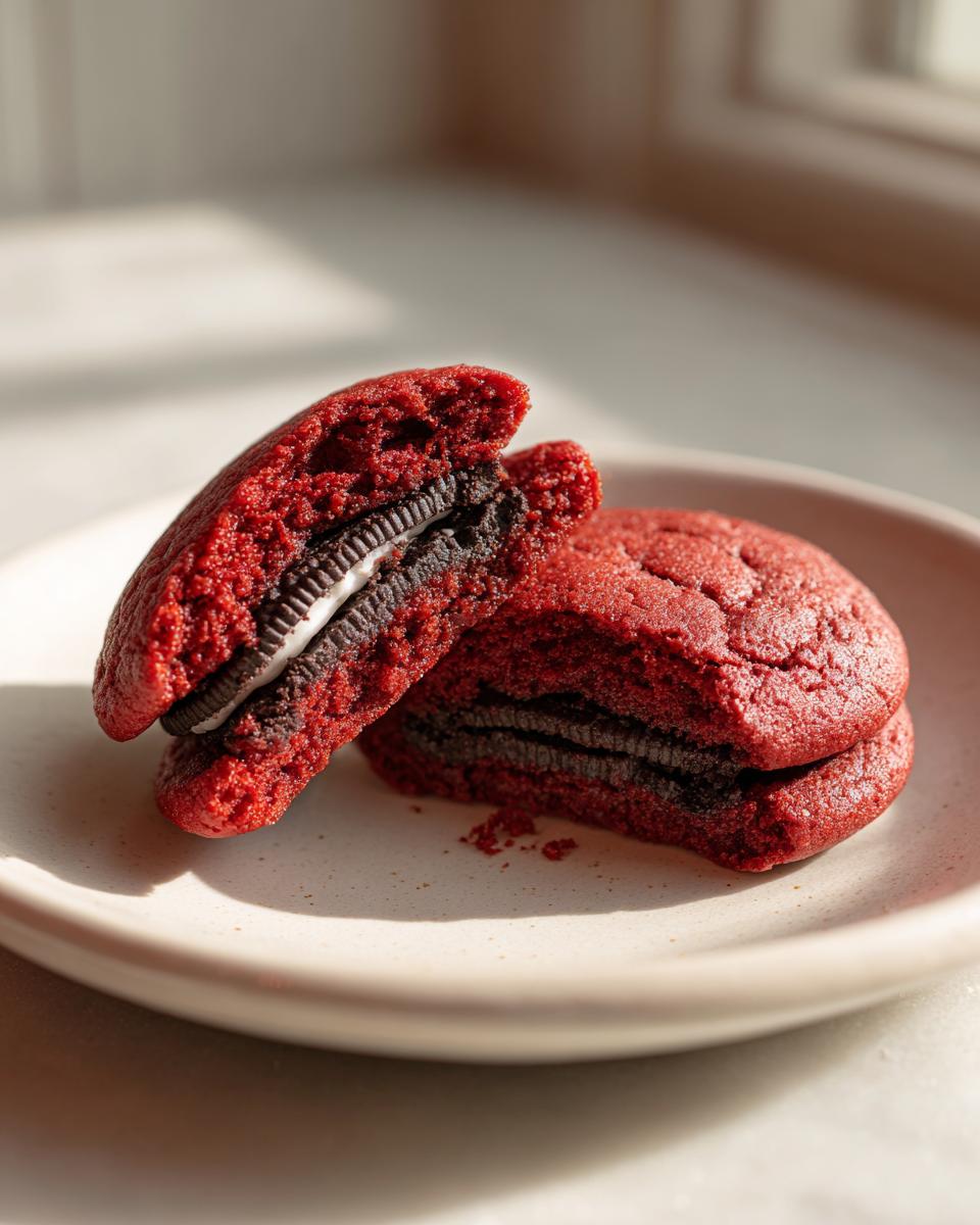 Two vibrant red velvet cake mix cookies with Oreos sandwiched inside, one cookie is broken open to show the filling.