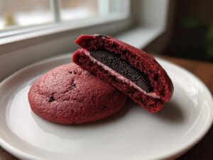 Two red velvet cake mix cookies with Oreos, one cut in half to show the whole Oreo cookie center.