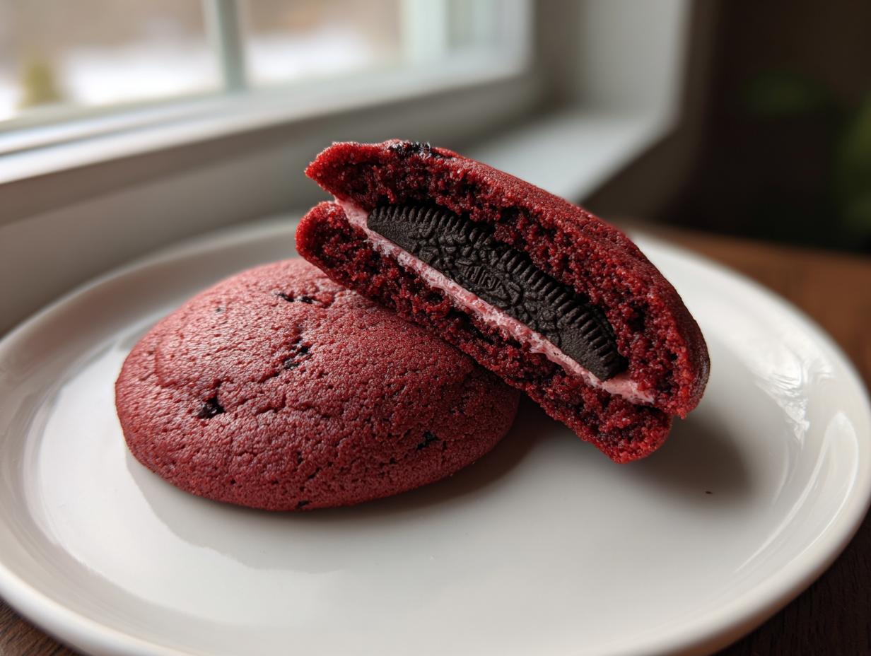 Two red velvet cake mix cookies with Oreos, one cut in half to show the whole Oreo cookie center.