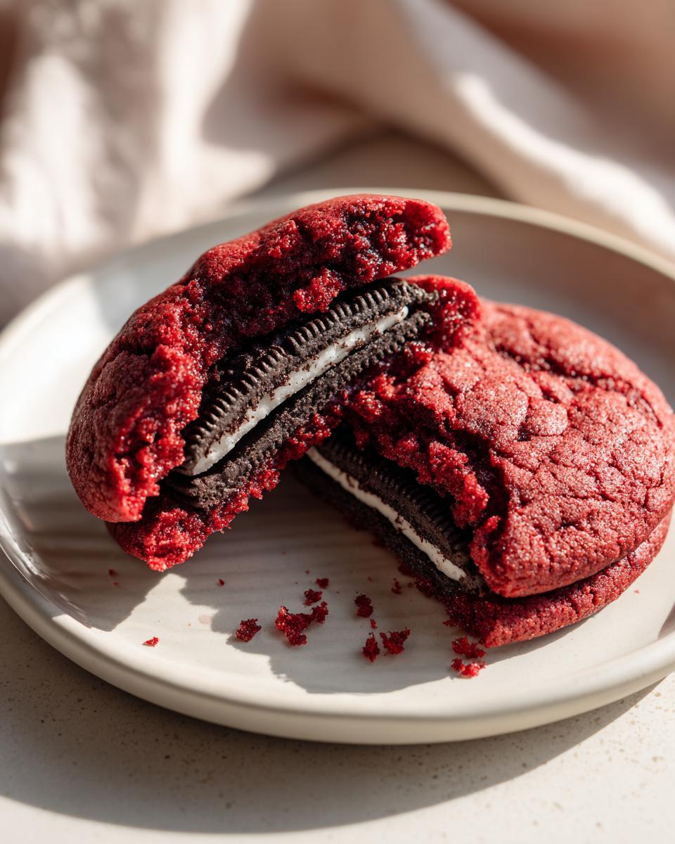 A red velvet cake mix cookie with Oreos, broken in half to show the creamy filling inside.