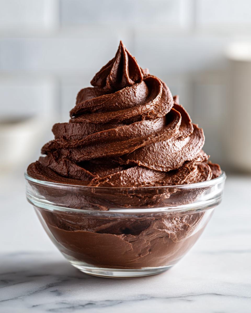 A tall, perfectly piped swirl of rich, dark chocolate buttercream frosting in a clear glass bowl.