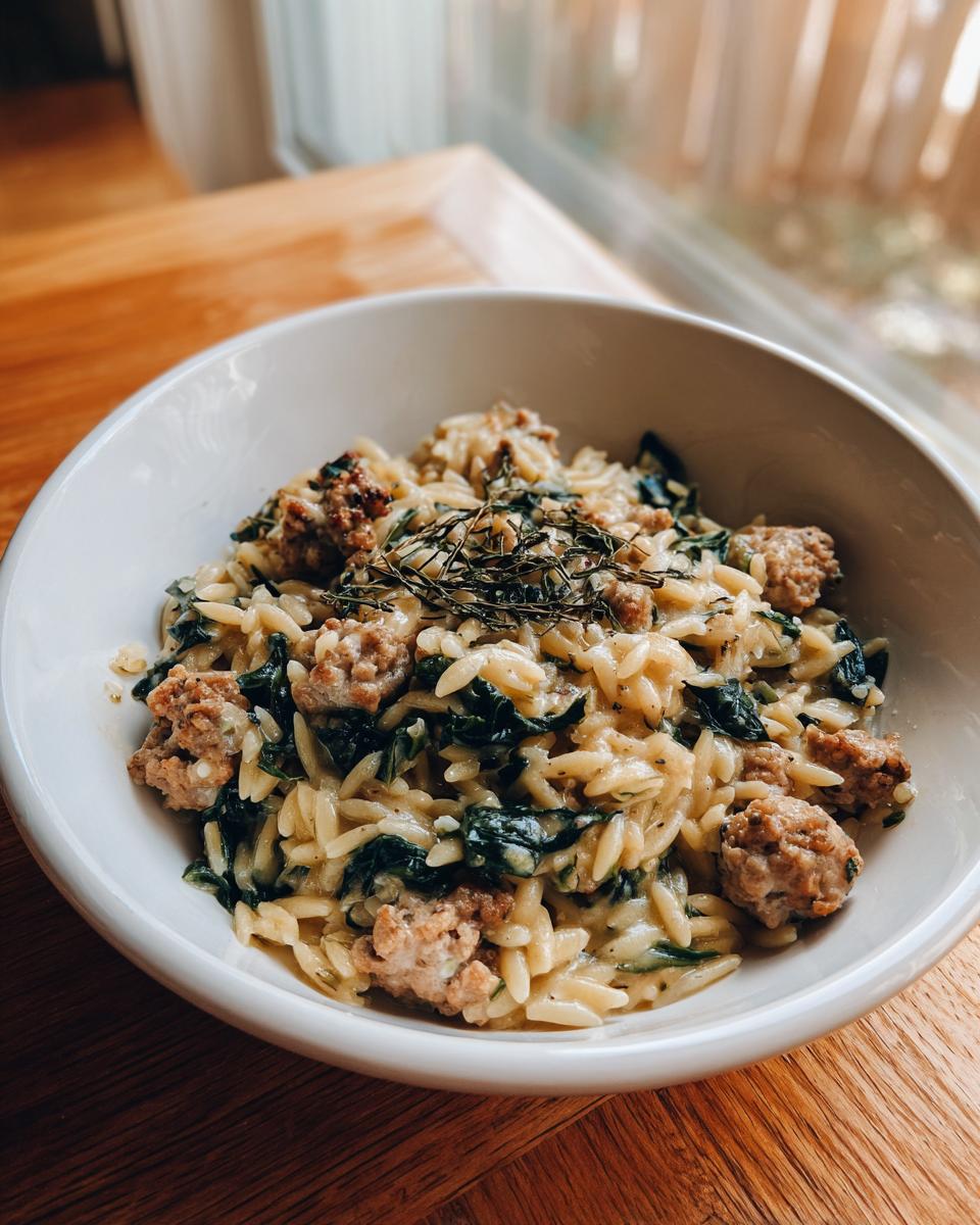 A close-up of creamy sausage orzo pasta mixed with spinach, garnished with fresh herbs, served in a white bowl.
