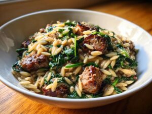 A close-up view of creamy sausage orzo pasta mixed with wilted spinach, served in a white bowl.