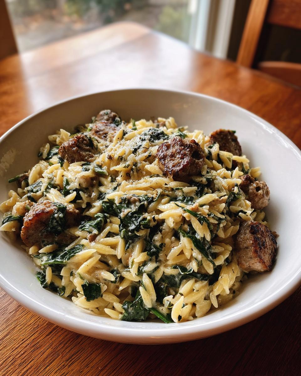 A close-up of creamy sausage orzo pasta mixed with wilted spinach and topped with Parmesan cheese.