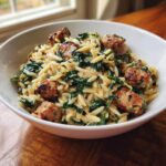 A close-up of a white bowl filled with creamy sausage orzo pasta mixed with wilted spinach.