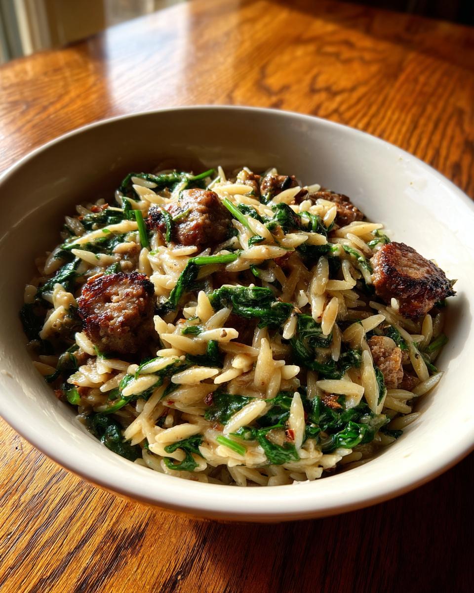 A close-up of a creamy bowl of sausage orzo pasta mixed with wilted spinach, served on a wooden table.