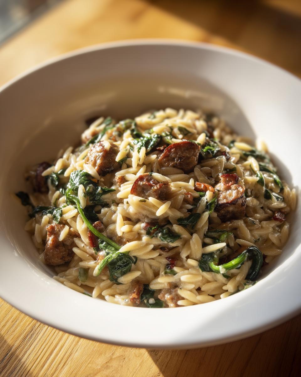 Close-up of creamy sausage orzo pasta mixed with wilted spinach served in a white bowl.