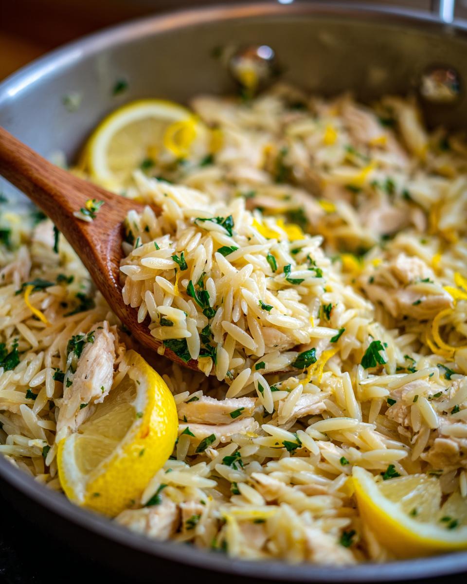 Close-up of a wooden spoon lifting a portion of lemon chicken orzo pasta, garnished with lemon slices and parsley.