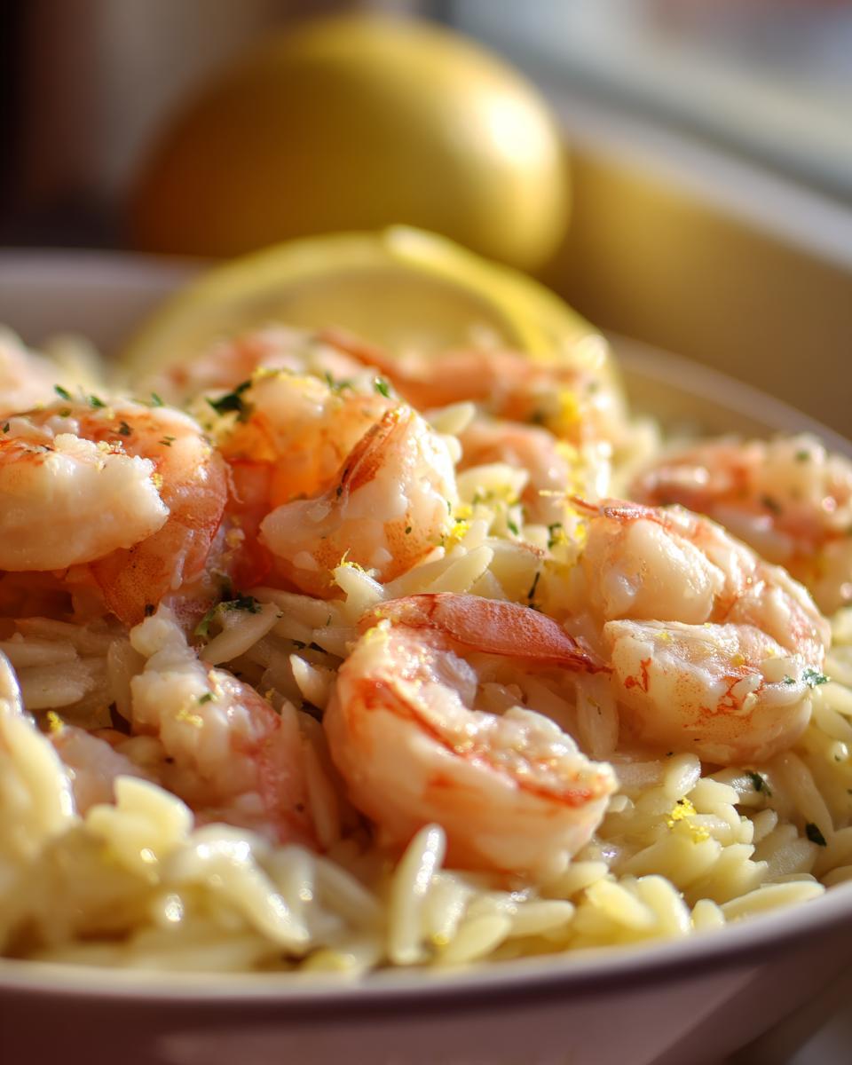 Close-up of creamy shrimp orzo pasta topped with plump pink shrimp and lemon zest.