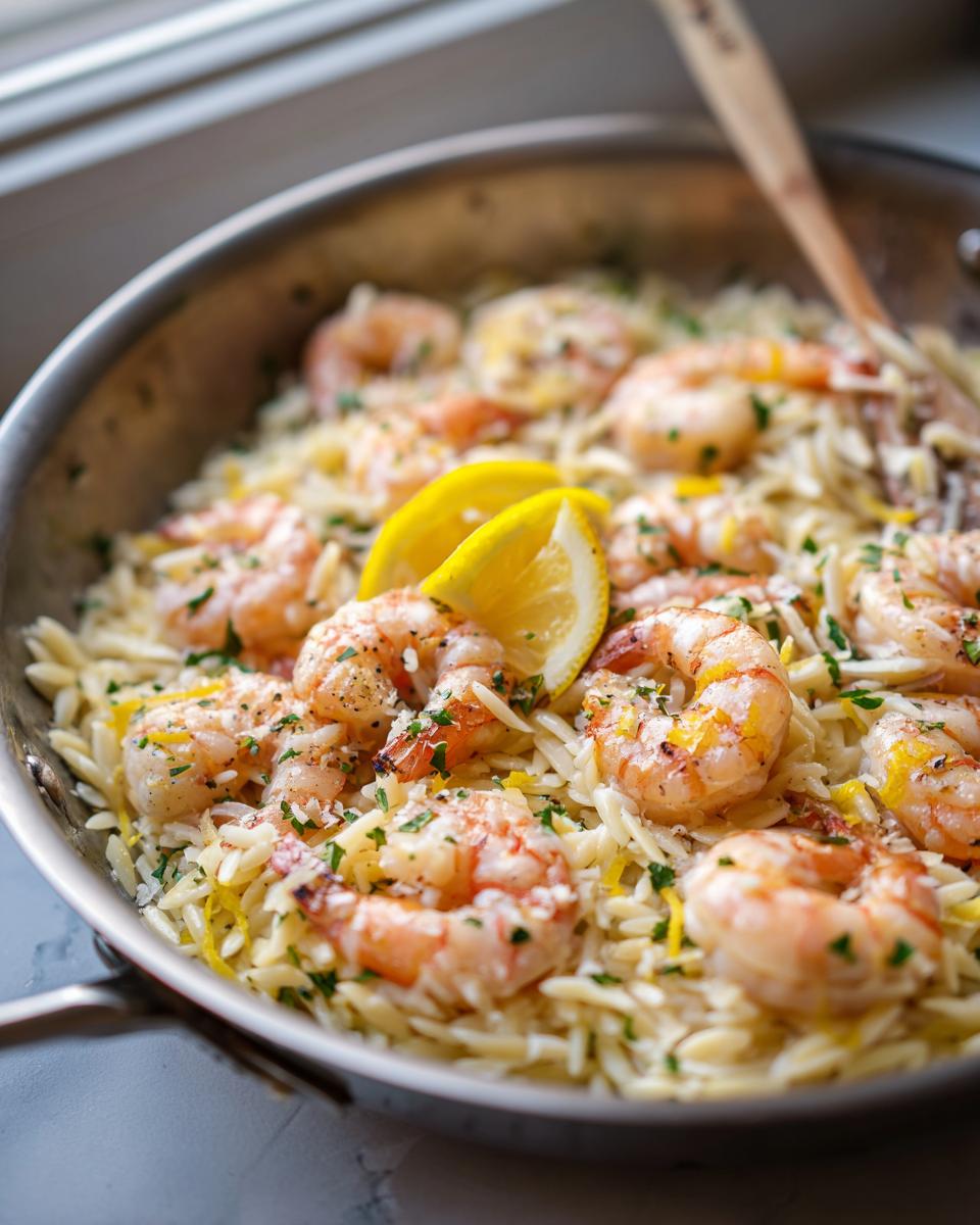 Close-up of shrimp orzo pasta cooked in a stainless steel skillet, garnished with lemon wedges and parsley.