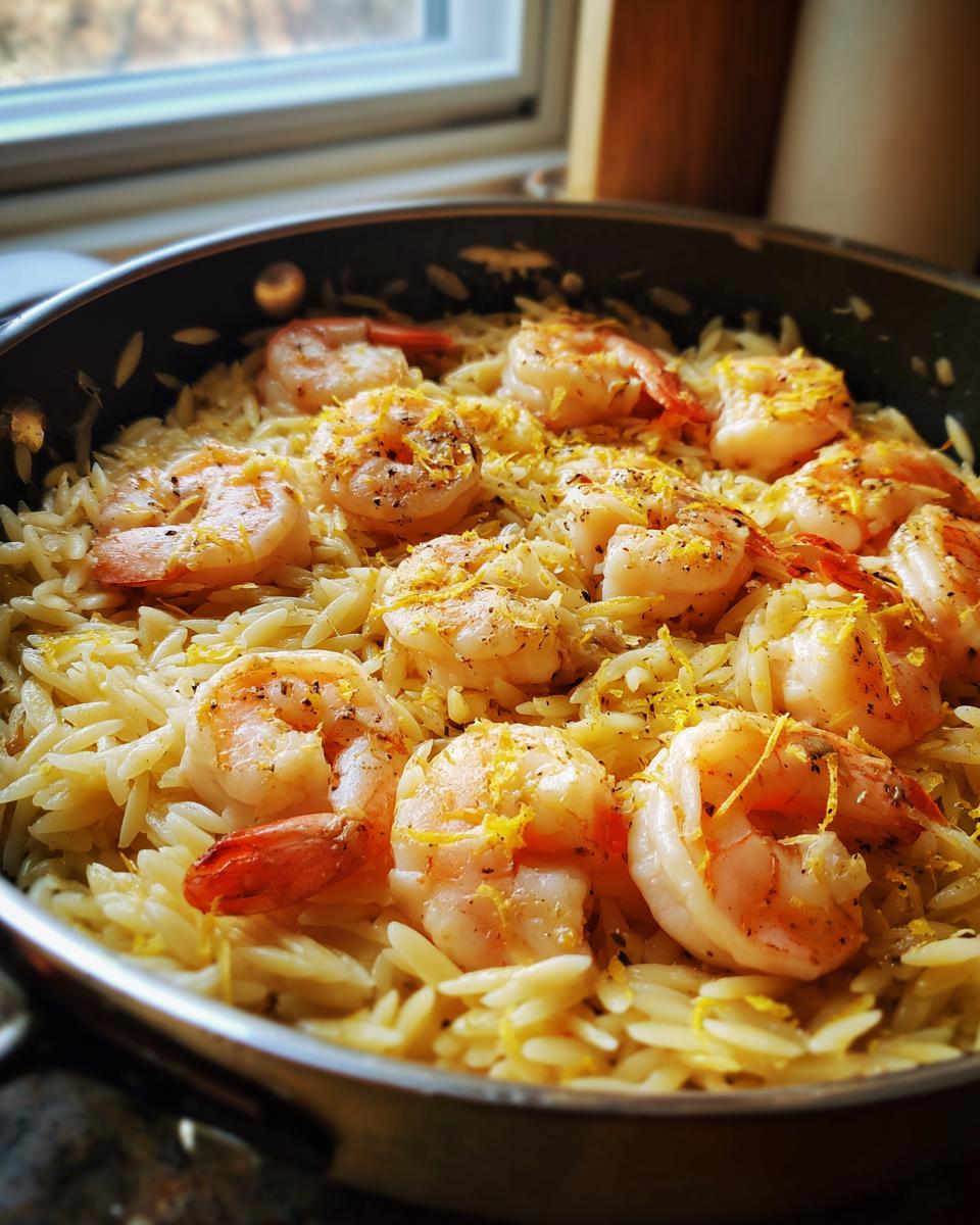 Close-up of shrimp orzo pasta in a skillet, topped with bright lemon zest and seasoning.