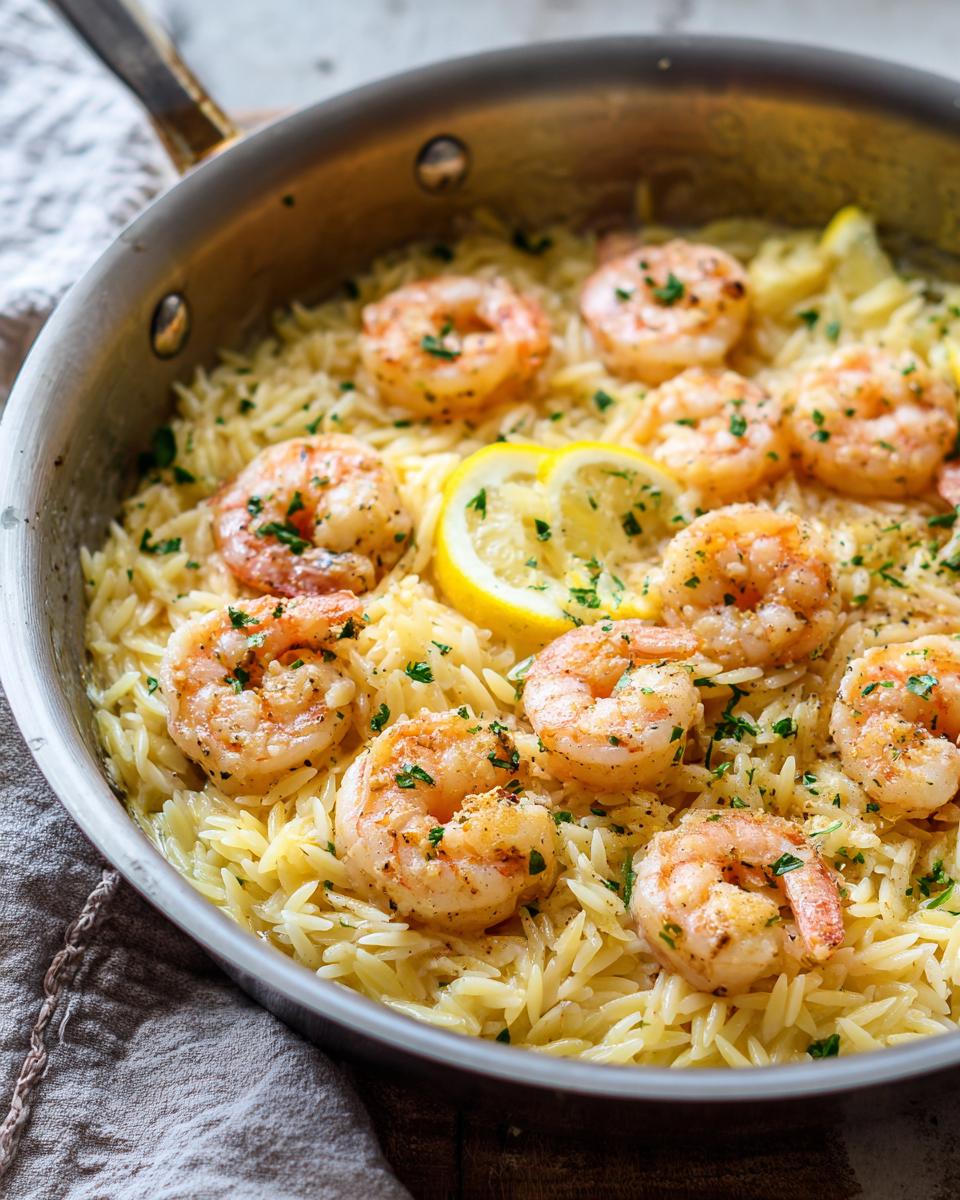 Close-up of cooked shrimp orzo pasta in a stainless steel skillet, garnished with lemon slices and fresh parsley.