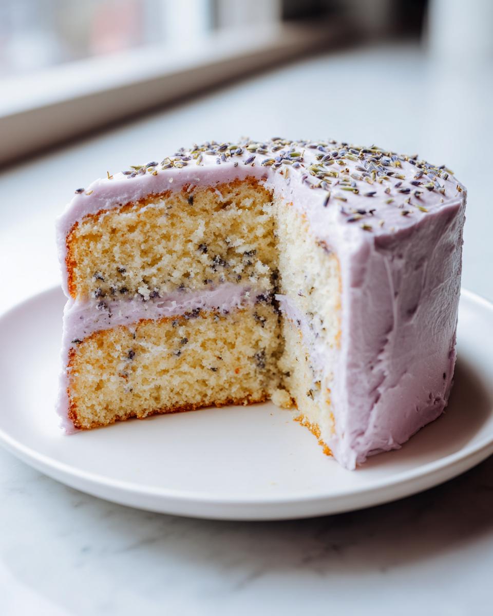 A slice of moist lavender cake with purple frosting, topped with dried lavender buds.