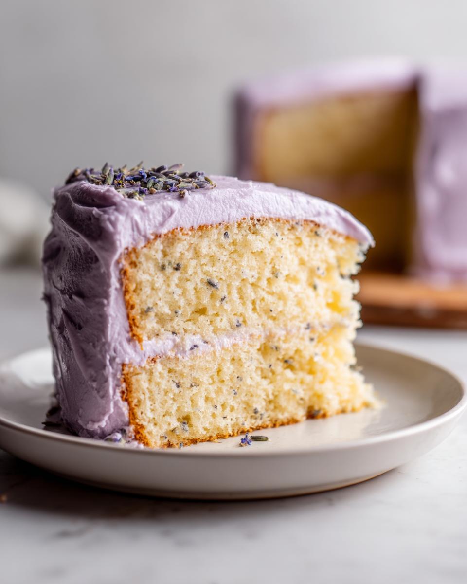 Close-up of a slice of light yellow lavender cake with purple frosting, topped with dried lavender buds.