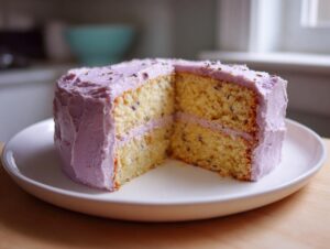 A slice cut from a two-layer lavender cake with pale purple frosting and visible lavender buds.