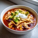 A close-up of a bowl of rich, red slow cooker chicken tortilla soup topped with avocado, sour cream, and tortilla strips.