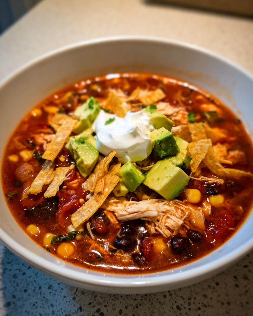 A close-up of a hearty bowl of slow cooker chicken tortilla soup topped with avocado, sour cream, and tortilla strips.